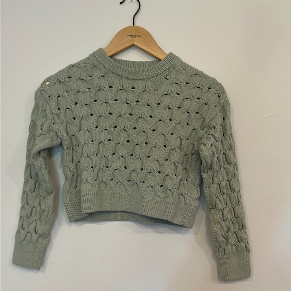 Zara kids Green Crew Neck cropped Sweater with Open-Knit Design